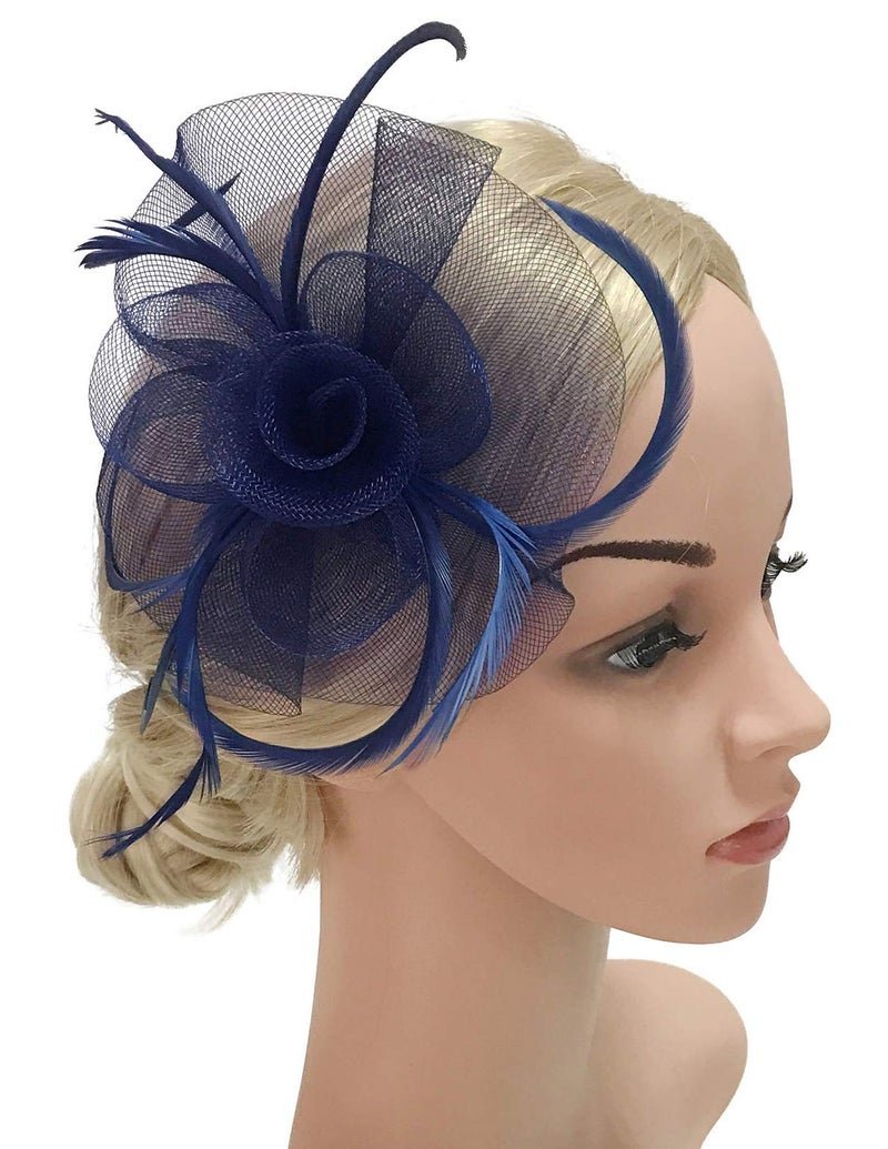 ZX Z&X Ladies Girls Fasciantor Hat Mesh Spiral Flower Feather Tea Party Hat with Clip Brooch Navy Blue - Image 3